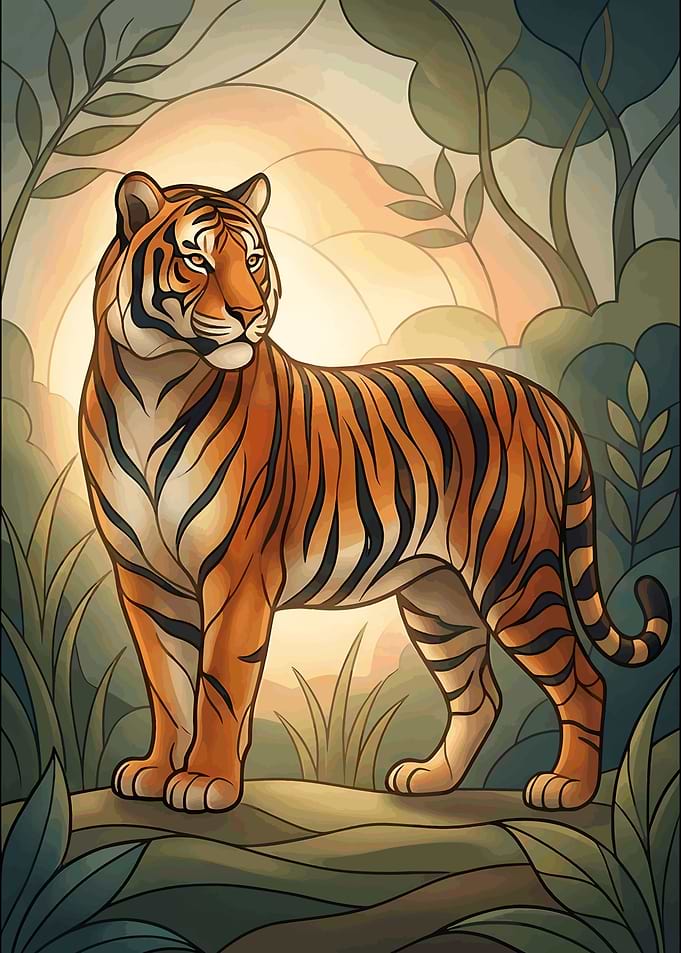 Modern Tiger Stained Glass Bengal Jungle Cat Geometric Art