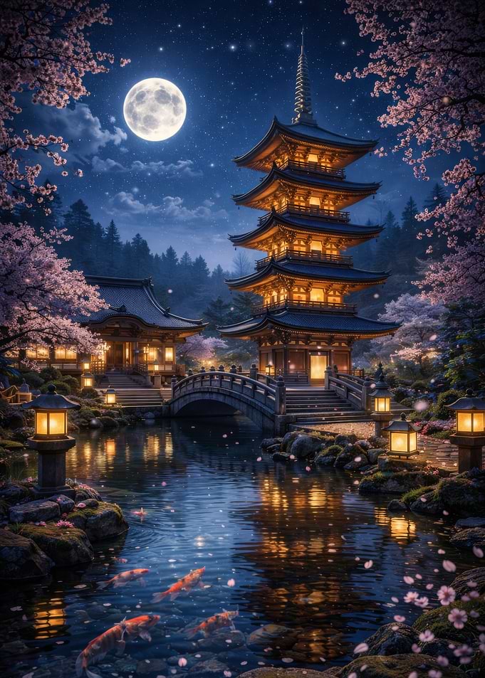 Tranquil Japanese Garden at Night