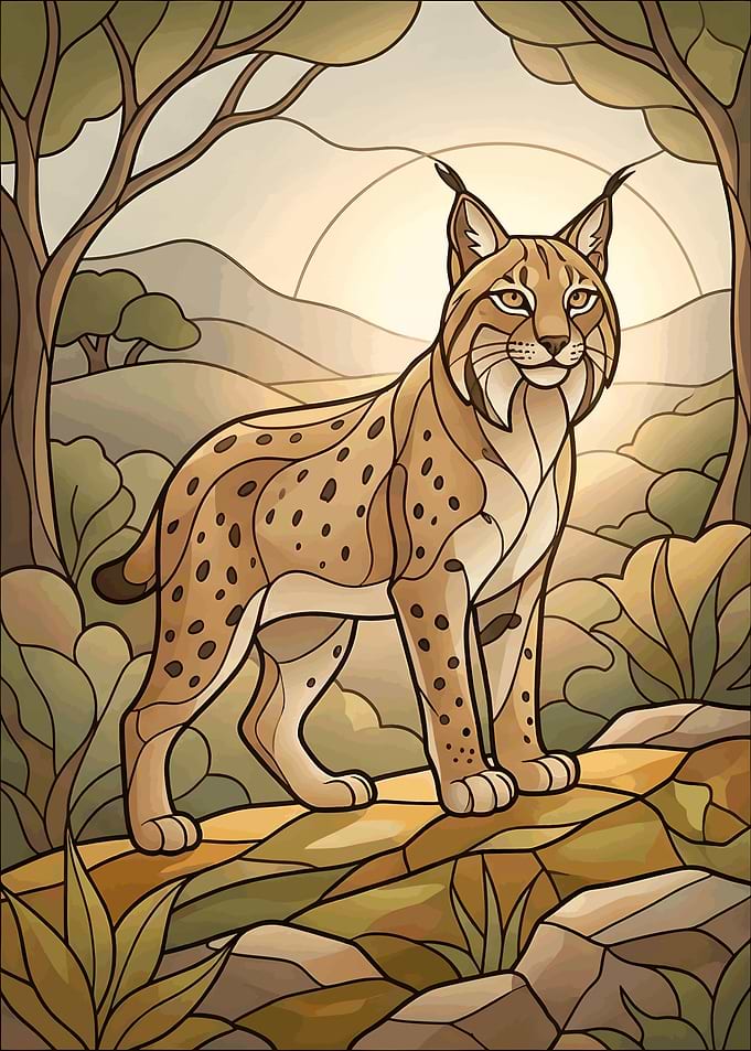 Modern Iberian Lynx Stained Glass Rare Wild Cat Geometric Art