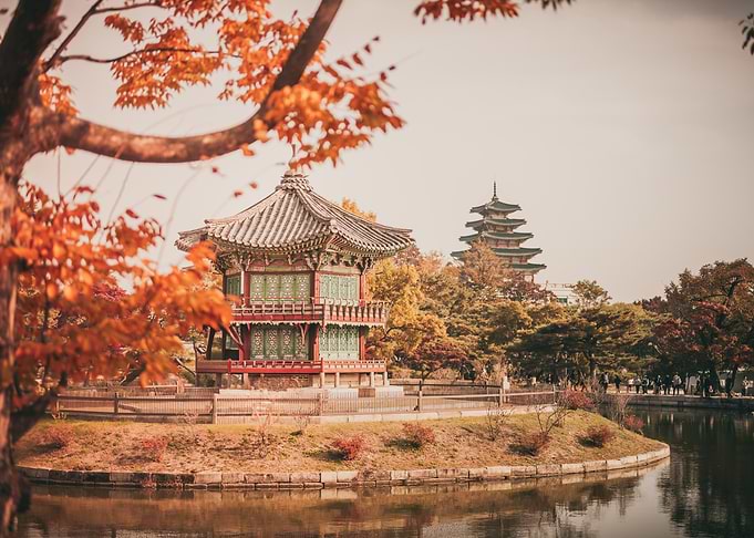 Autumn Pagoda by the Water