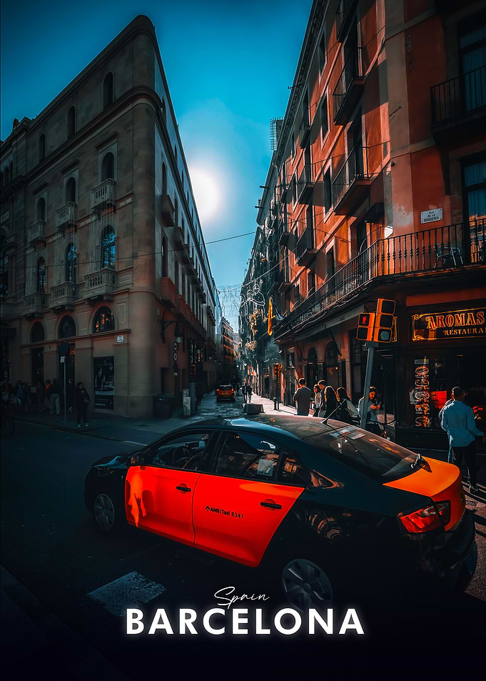 Barcelona Street Scene with Taxi
