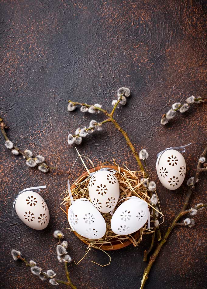 Easter Eggs in a Nest with Pussy Willows