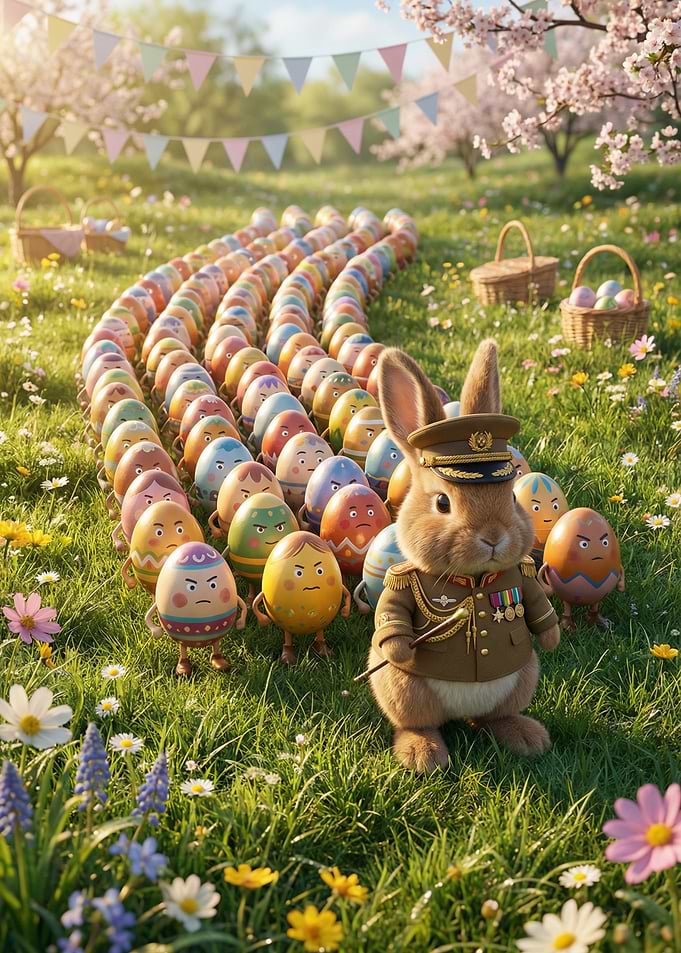 Easter bunny leads marching eggs