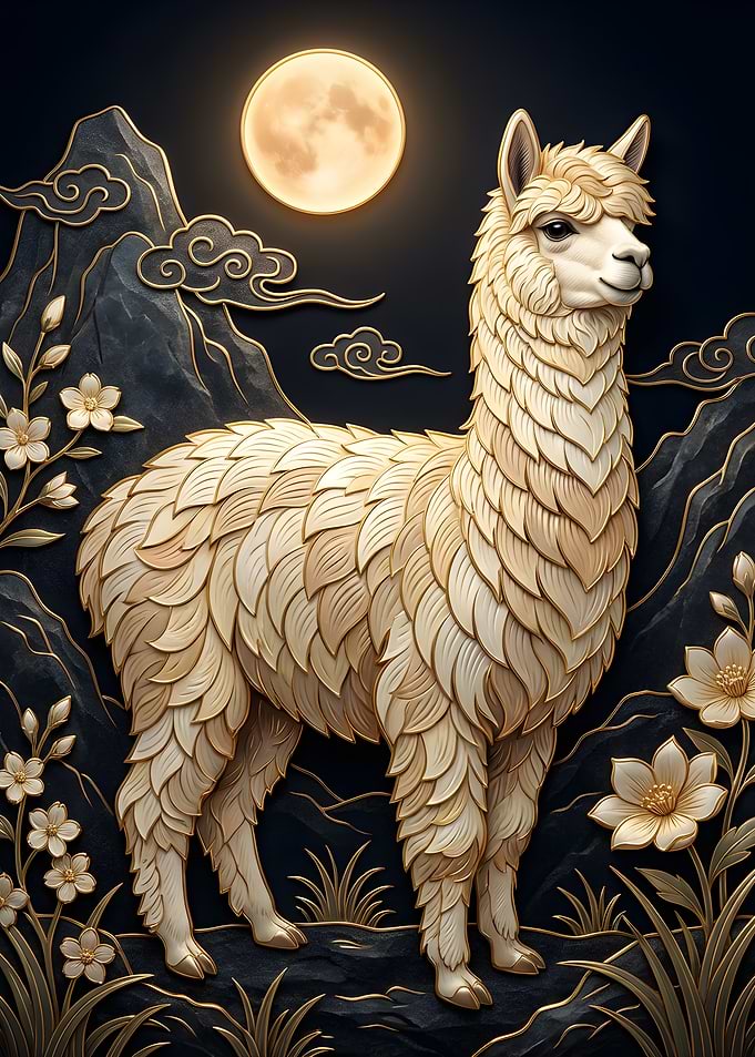 Golden Alpaca Under the Moon