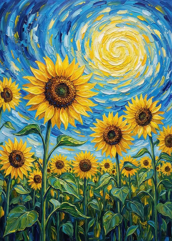 Impressionistic Sunflower Field Under Swirling Sky