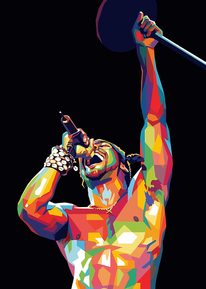 Colorful Musician Singing into Microphone