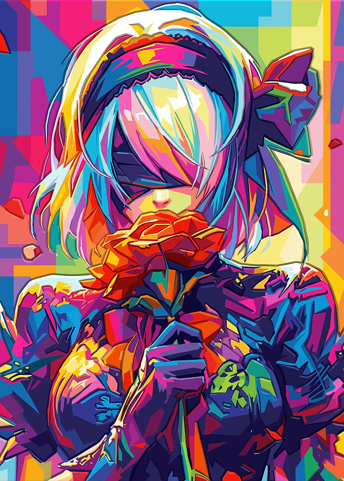 2B Holding a Rose in Pop Art Style