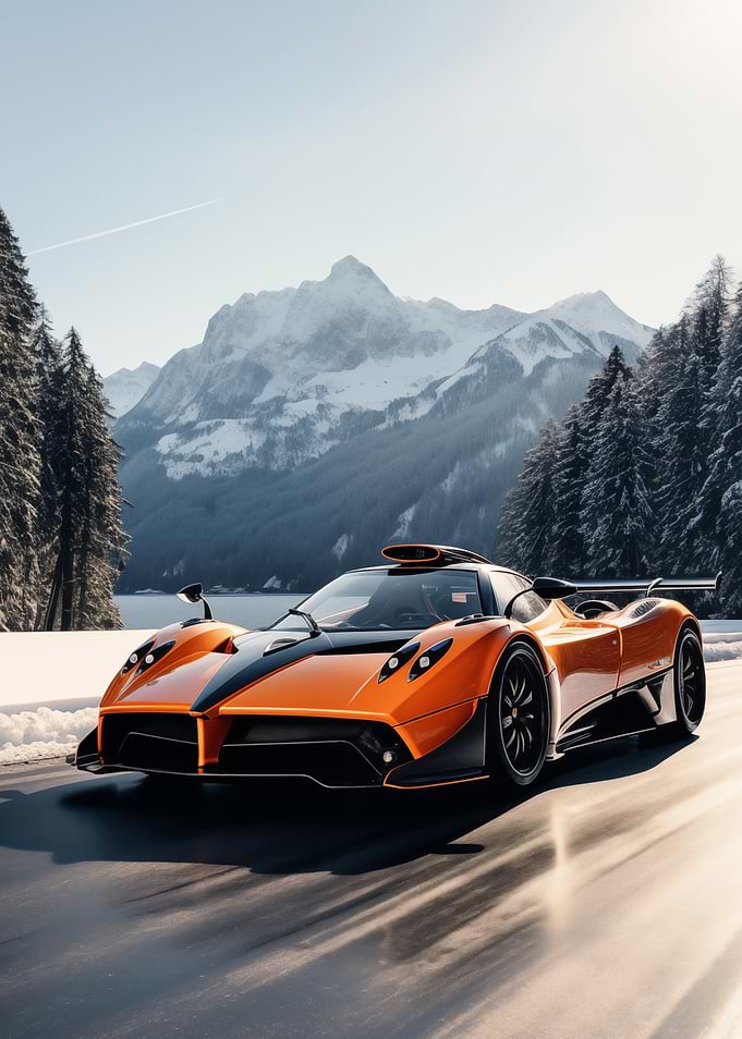 Orange sports car in winter