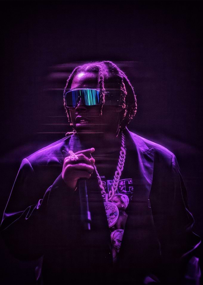 Rapper with Futuristic Sunglasses and Microphone