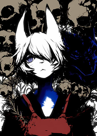 Anime Character with Wolf Shadow and Skulls