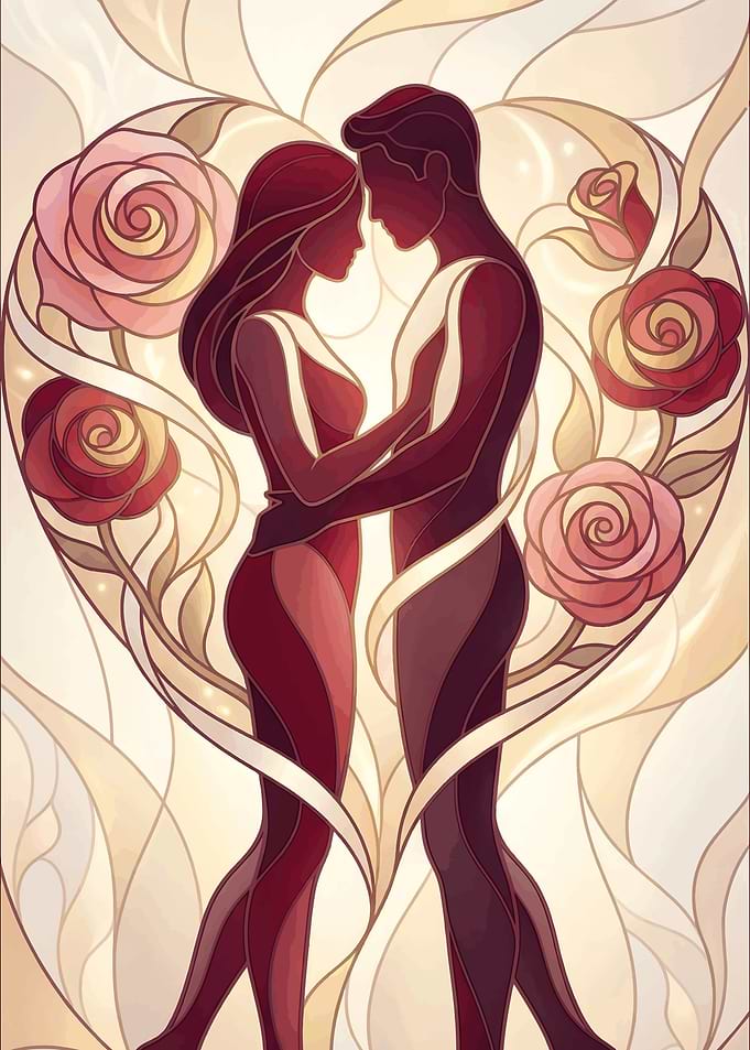 Modern Valentines Day Stained Glass Romantic Couple Rose Art