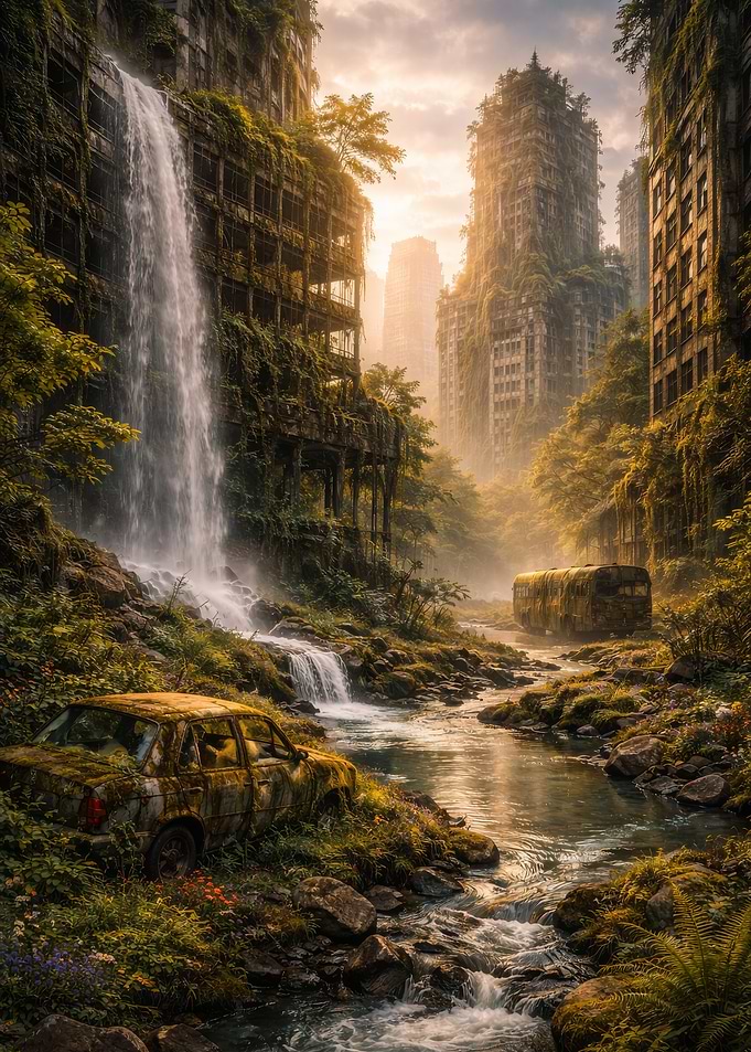 Post-apocalyptic city reclaimed by nature