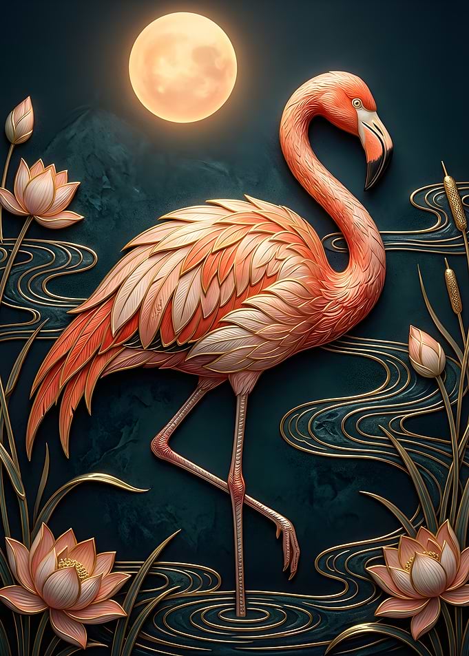 Flamingo and Lotus Moonlit Scene