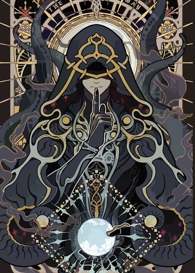 Mysterious hooded figure with orb