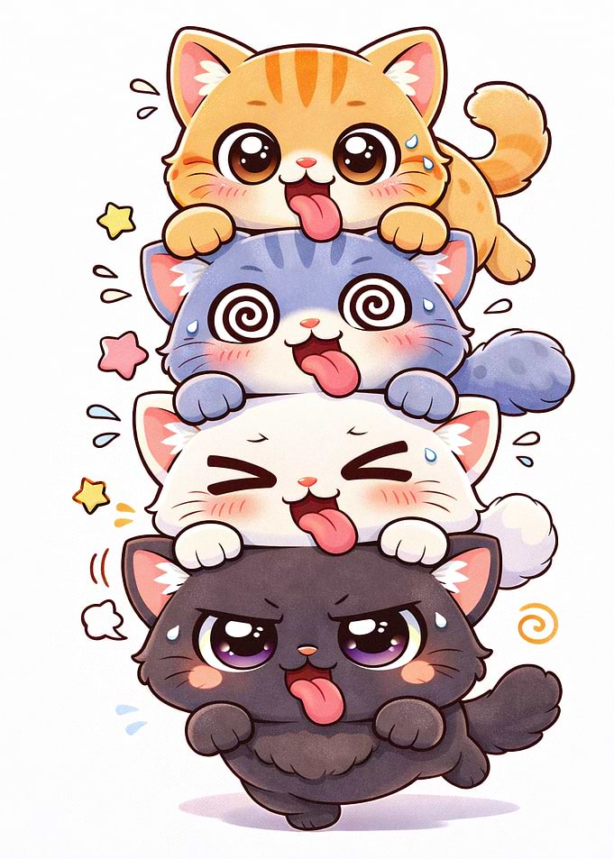 Stack of Cute Cartoon Cats