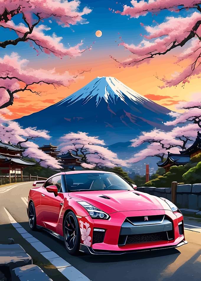 Red Nissan GT-R with Mount Fuji
