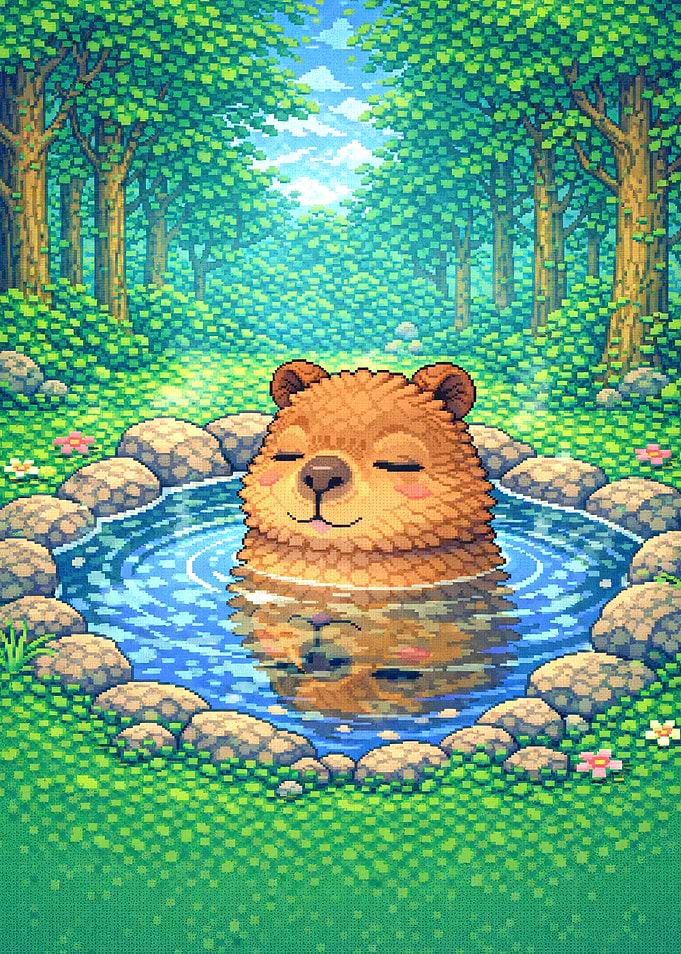 Cute Bear Relaxing in a Forest Hot Spring