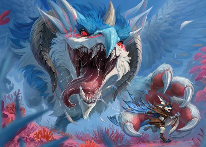 Furry creature facing a large monster
