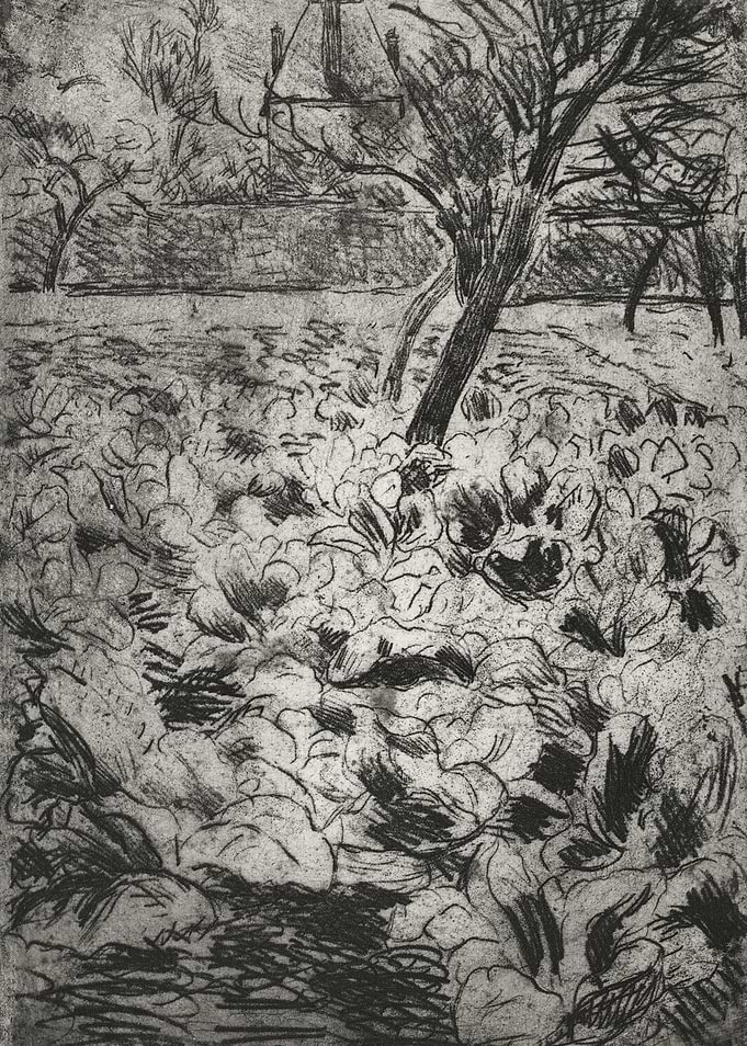 Sketch of a Garden with Trees and House