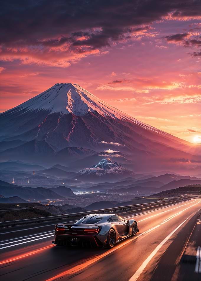 Sports Car on Highway with Mount Fuji