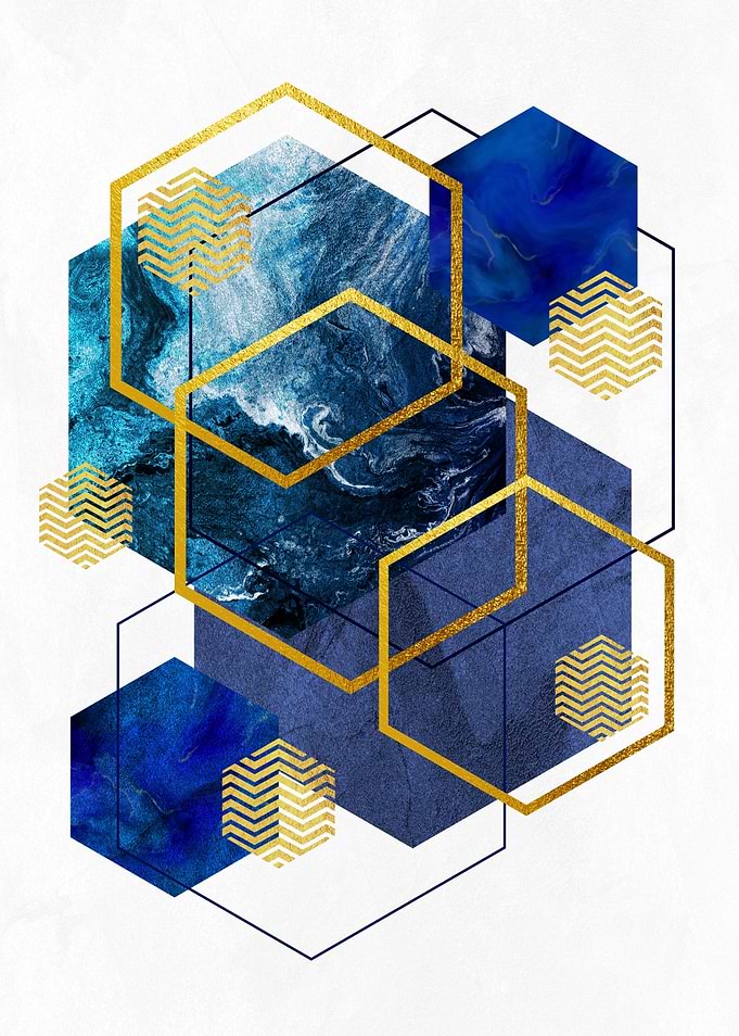 Geometric Hexagons with Blue Marbling and Gold Accents