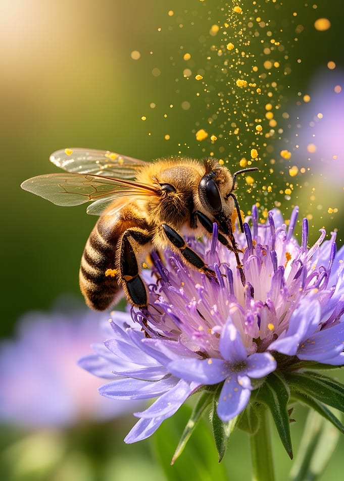 Bee collecting pollen from a purple flower