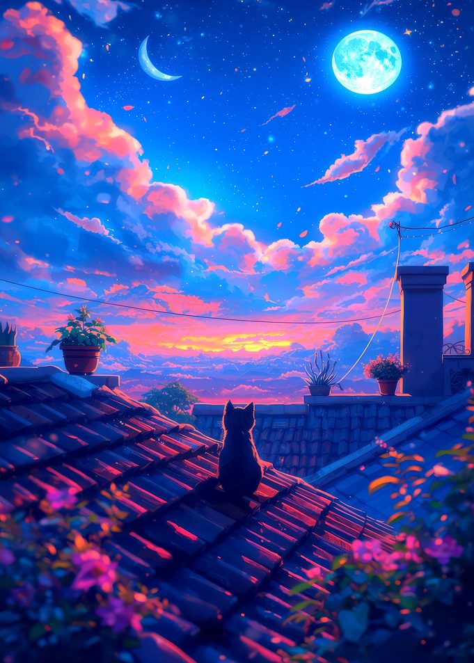 Cat on a Rooftop at Sunset