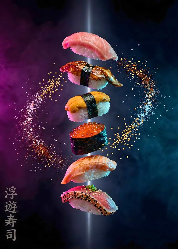 Modern Floating Nigiri Sushi with Neon Smoke and Spice Swirl