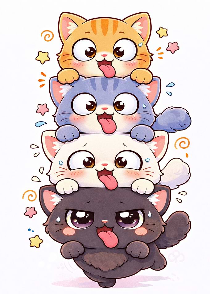 Stack of Cute Cartoon Cats