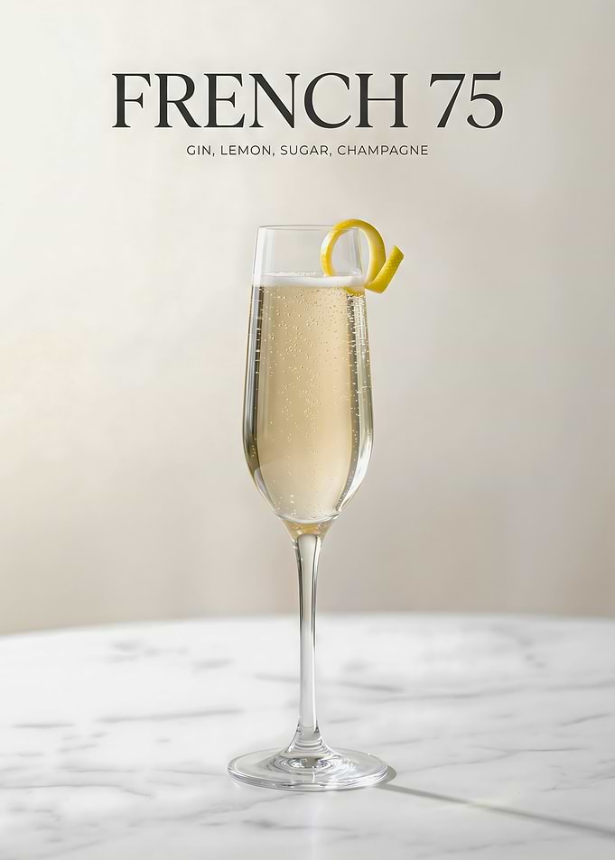 French 75 Cocktail Print with Champagne Bubbles and Lemon Twist
