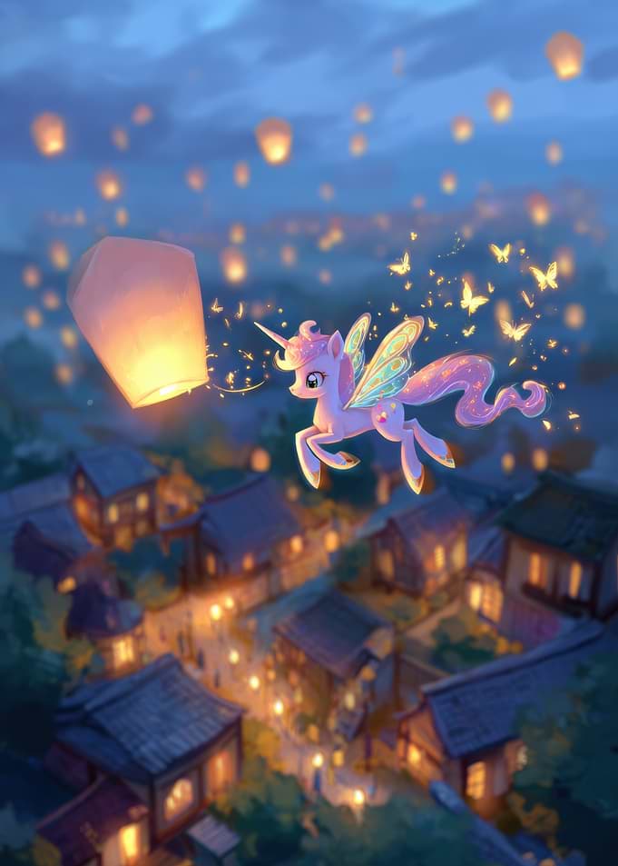 Unicorn flying over lantern festival
