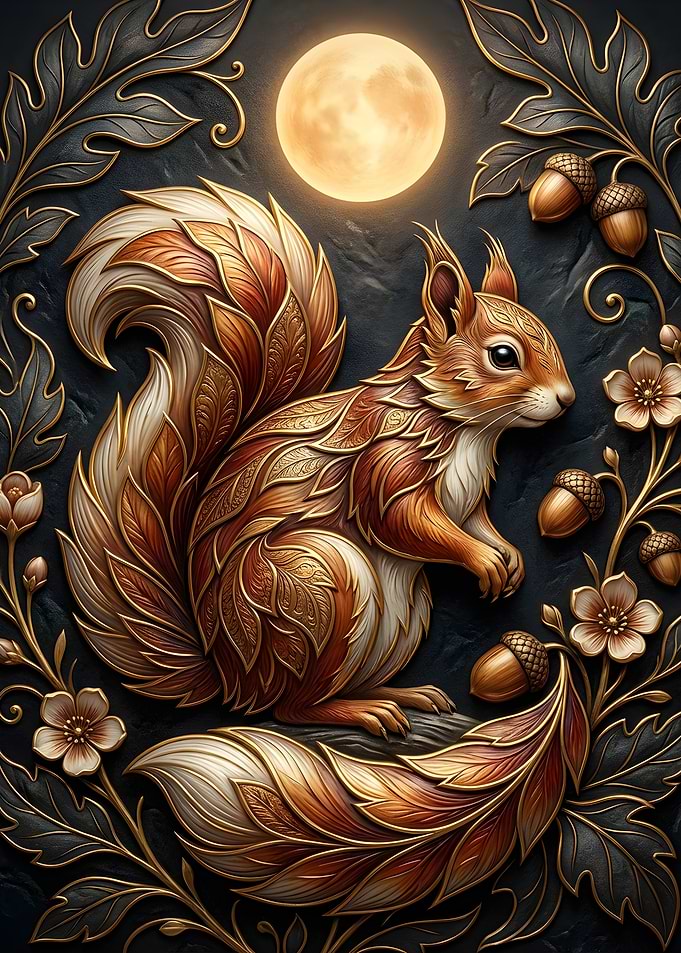Ornate Squirrel with Moon and Acorns