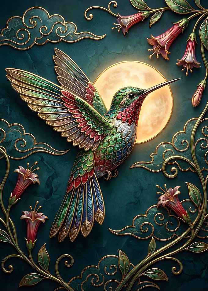 Hummingbird with Moon and Flowers