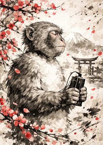 Monkey Listening to Music with Mount Fuji