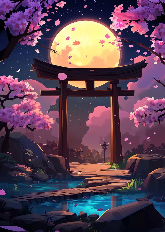 Sakura and japanese torii gate at night