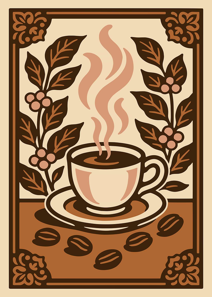 Steaming Coffee Cup with Coffee Beans and Leaves