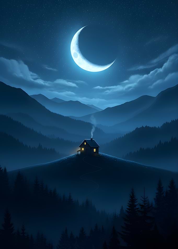 Cozy Cabin Under a Crescent Moon