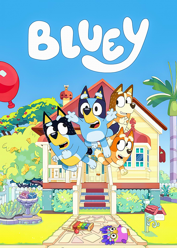 Bluey Family Jumping in Front of House