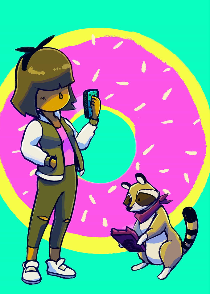 Girl and Raccoon with Donut