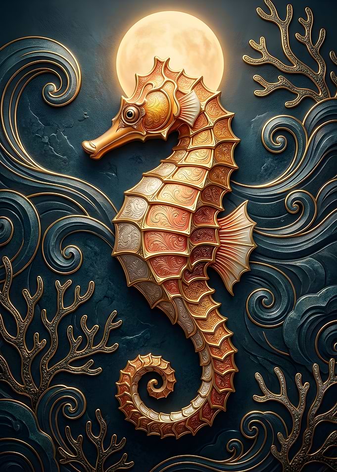 Golden Seahorse Under the Moon
