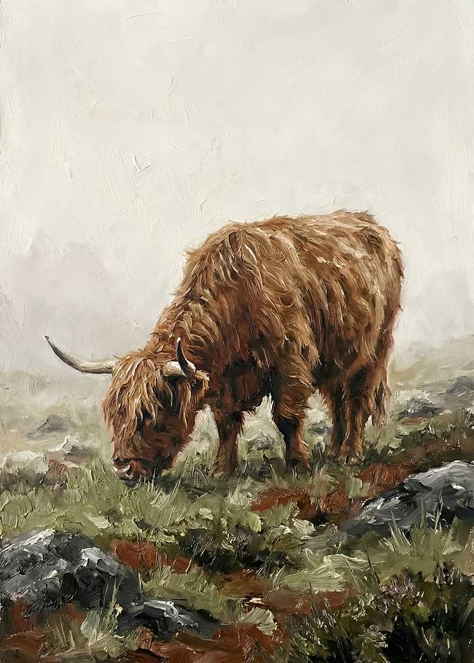Highland Cow Grazing in Misty Landscape