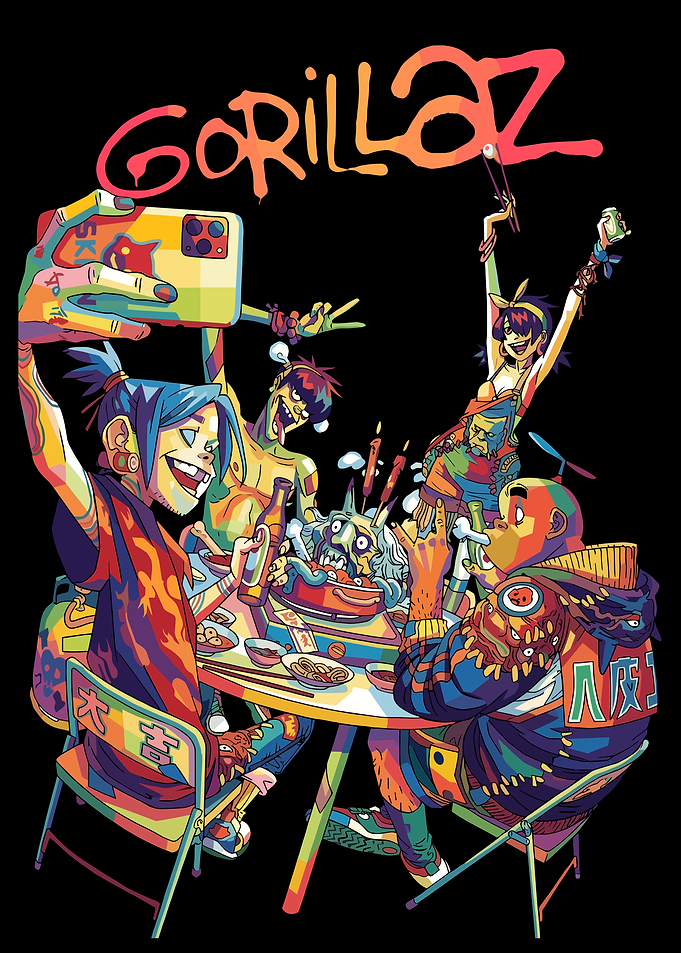 Gorillaz characters at a meal