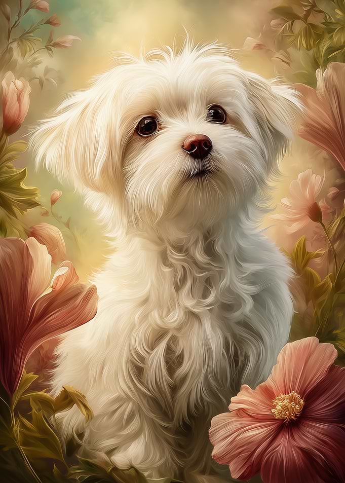 Cute Maltese dog with flowers