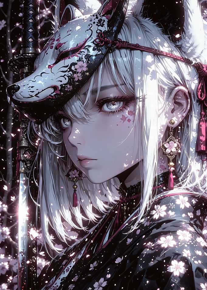 Anime Kitsune Girl with Mask and Sword