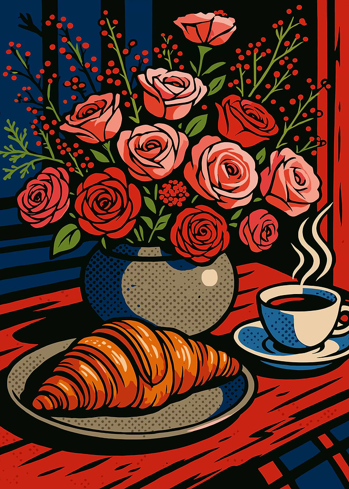 Floral Still Life with Coffee and Croissant