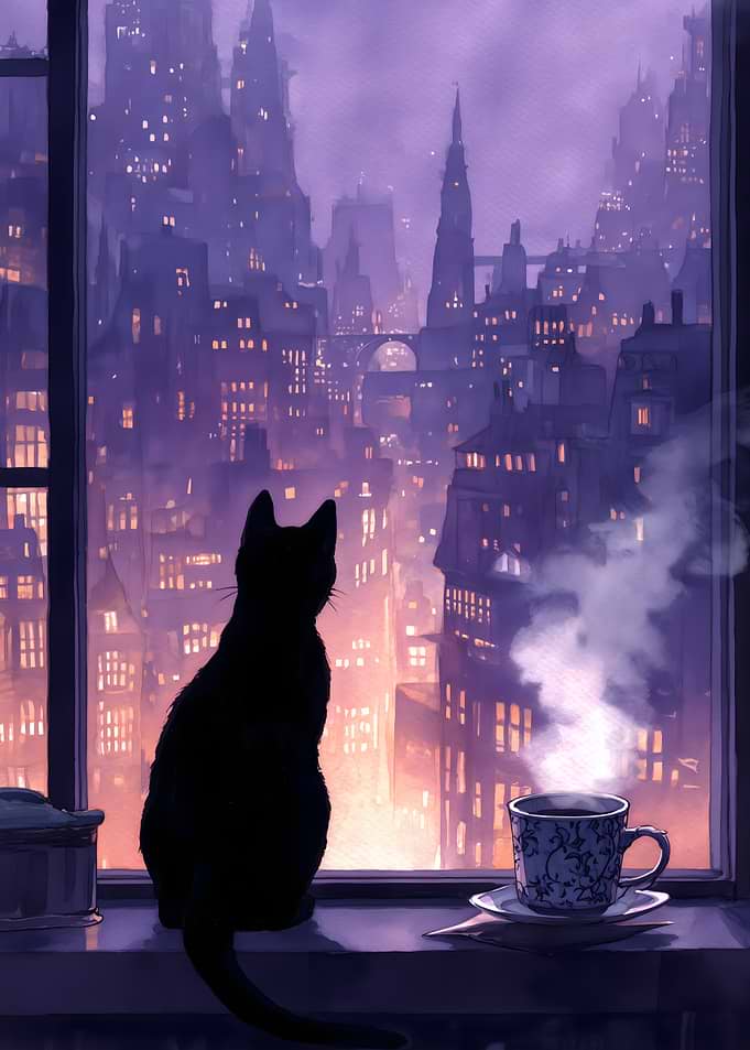 Anime Black cat watching a city at night