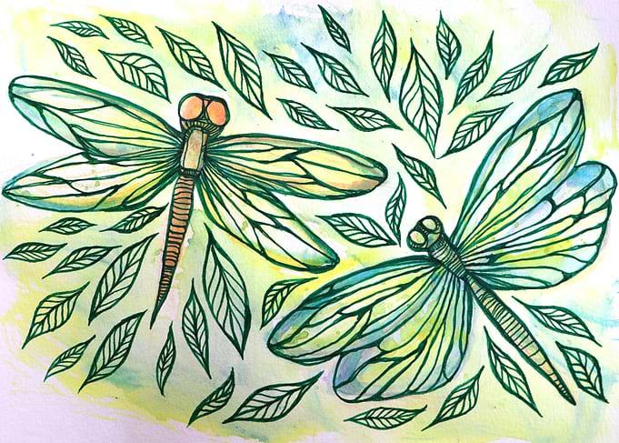 Dragonflies and Leaves Watercolor Painting