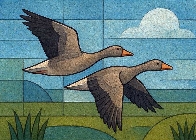 Two Geese Flying in a Stylized Landscape
