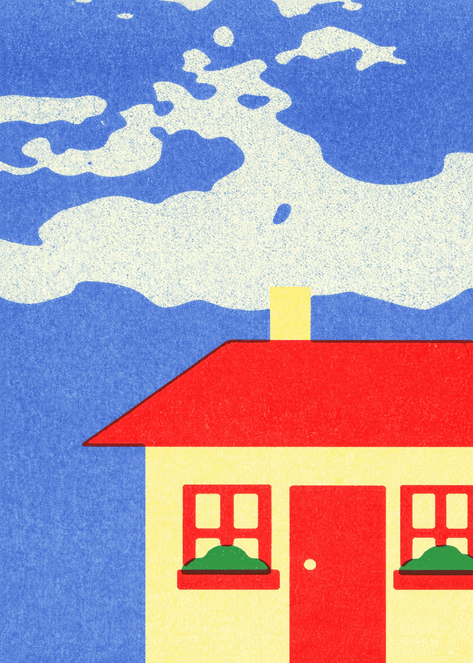 Minimalist House with Red Roof and Blue Sky