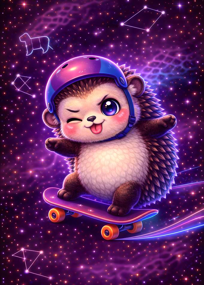 Cute Hedgehog Skateboarder in Space